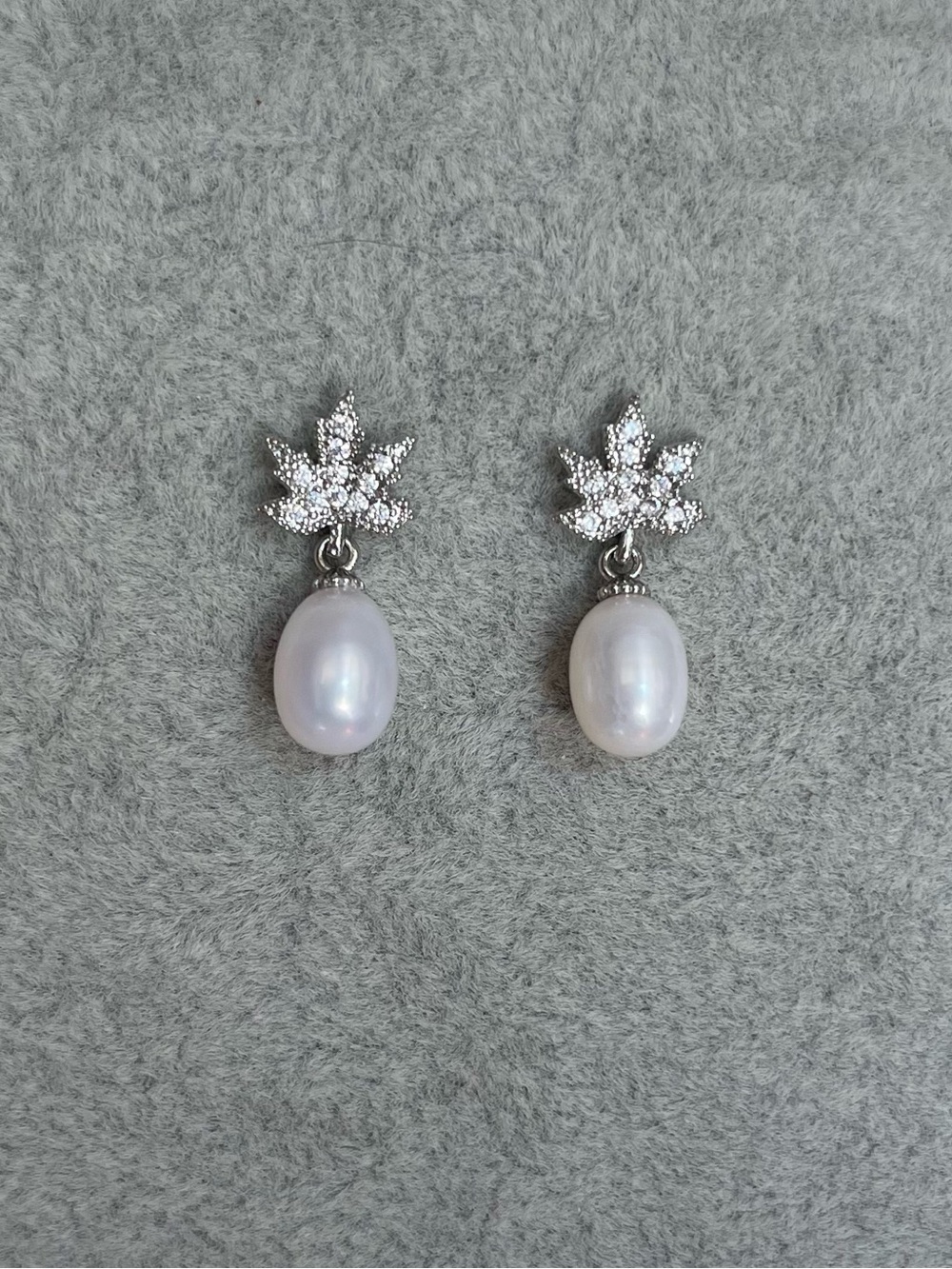 Natural Freshwater Pearl Drop Crystal Maple Leaf Stud Earrings - silver posts